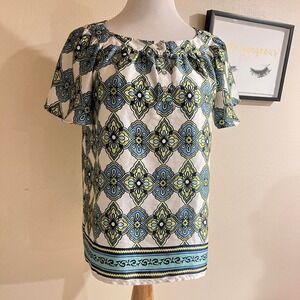 Jaclyn Smith Women's Small Geometric Print Flutter Sleeve Henley Blouse Top